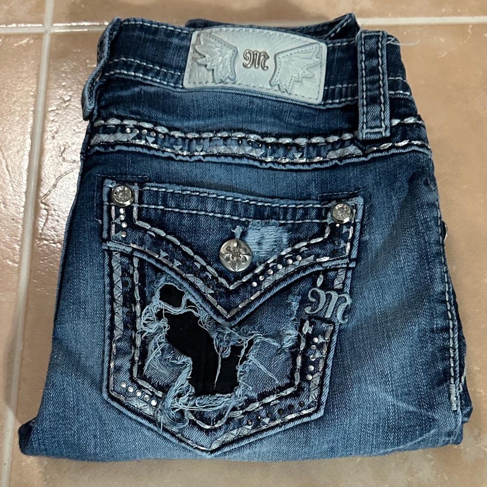 Miss Me Distressed Blue Jeans with Silver Accents